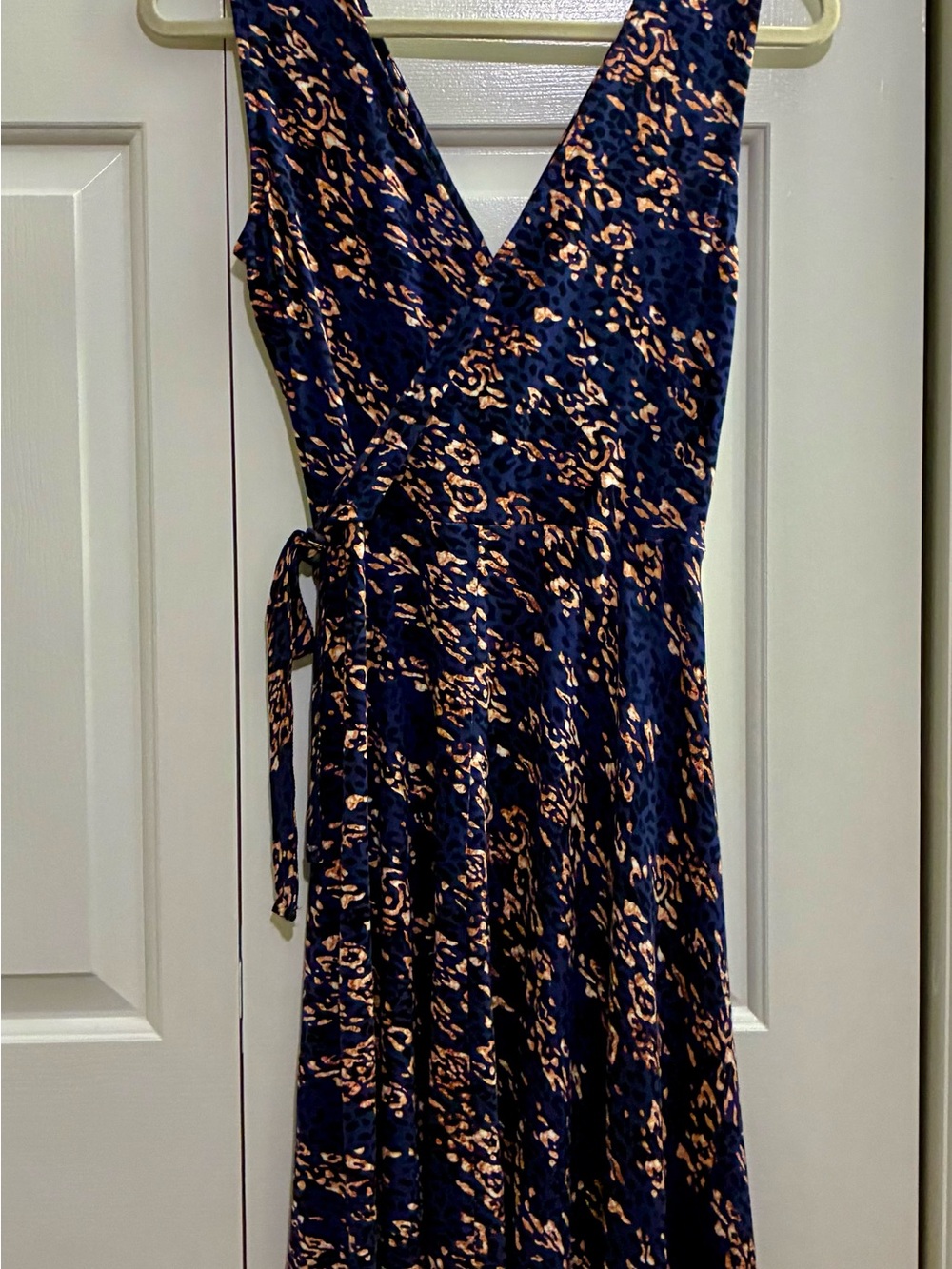 Navy and Tan Wrap Midi Dress with V-Neckline